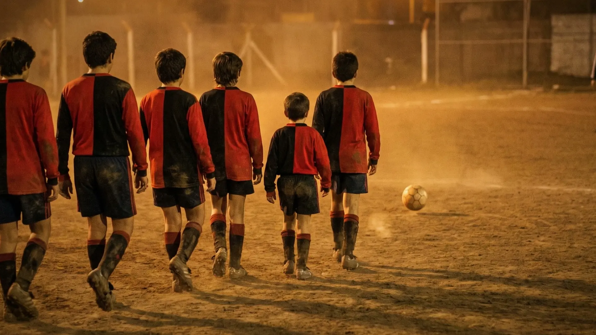 Six boys in red and black kit, seen from behind, walking behind a ball.