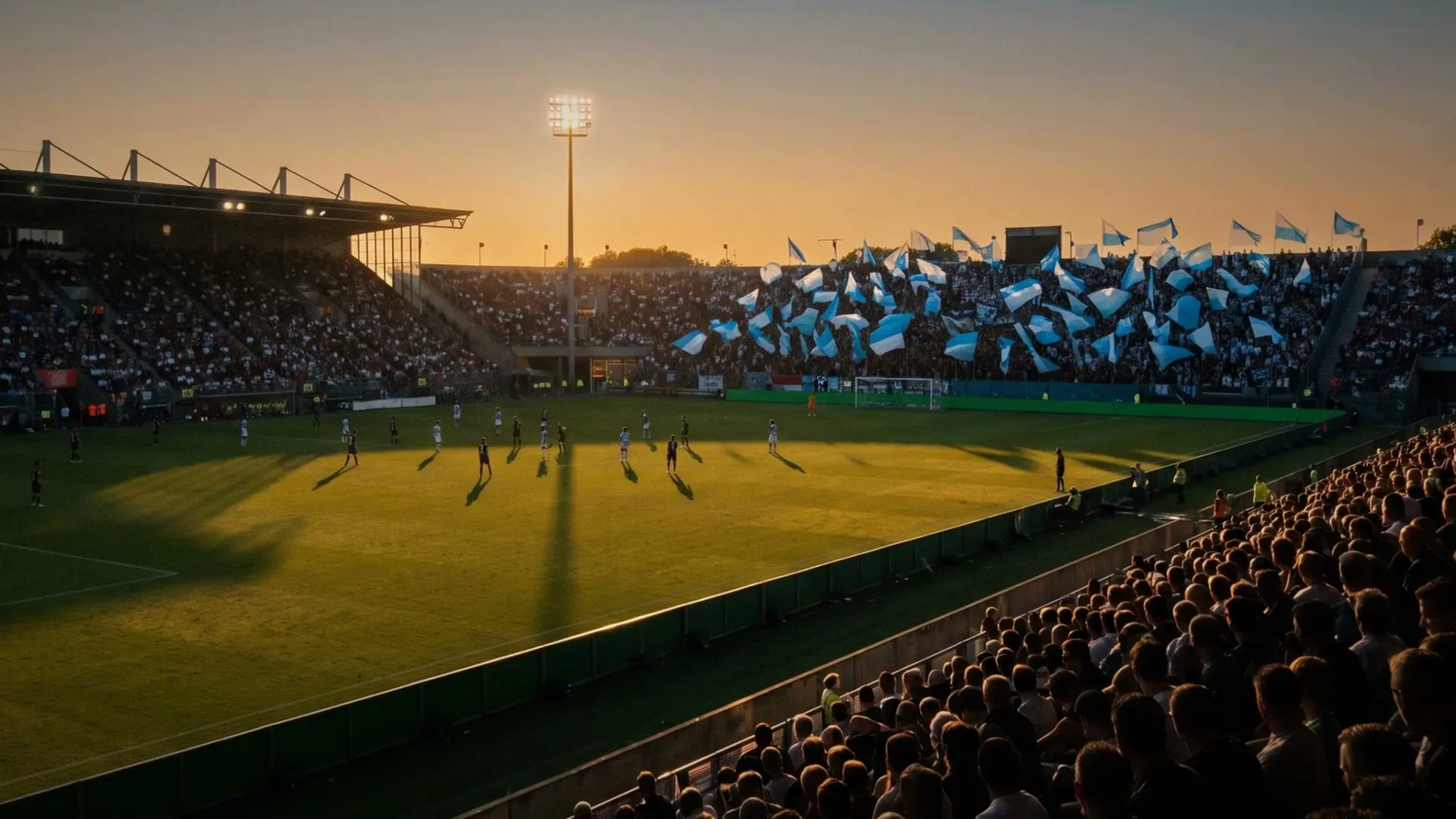 A packed stadium at dusk, with long shadows on the pitch and pale flags in the far stand.