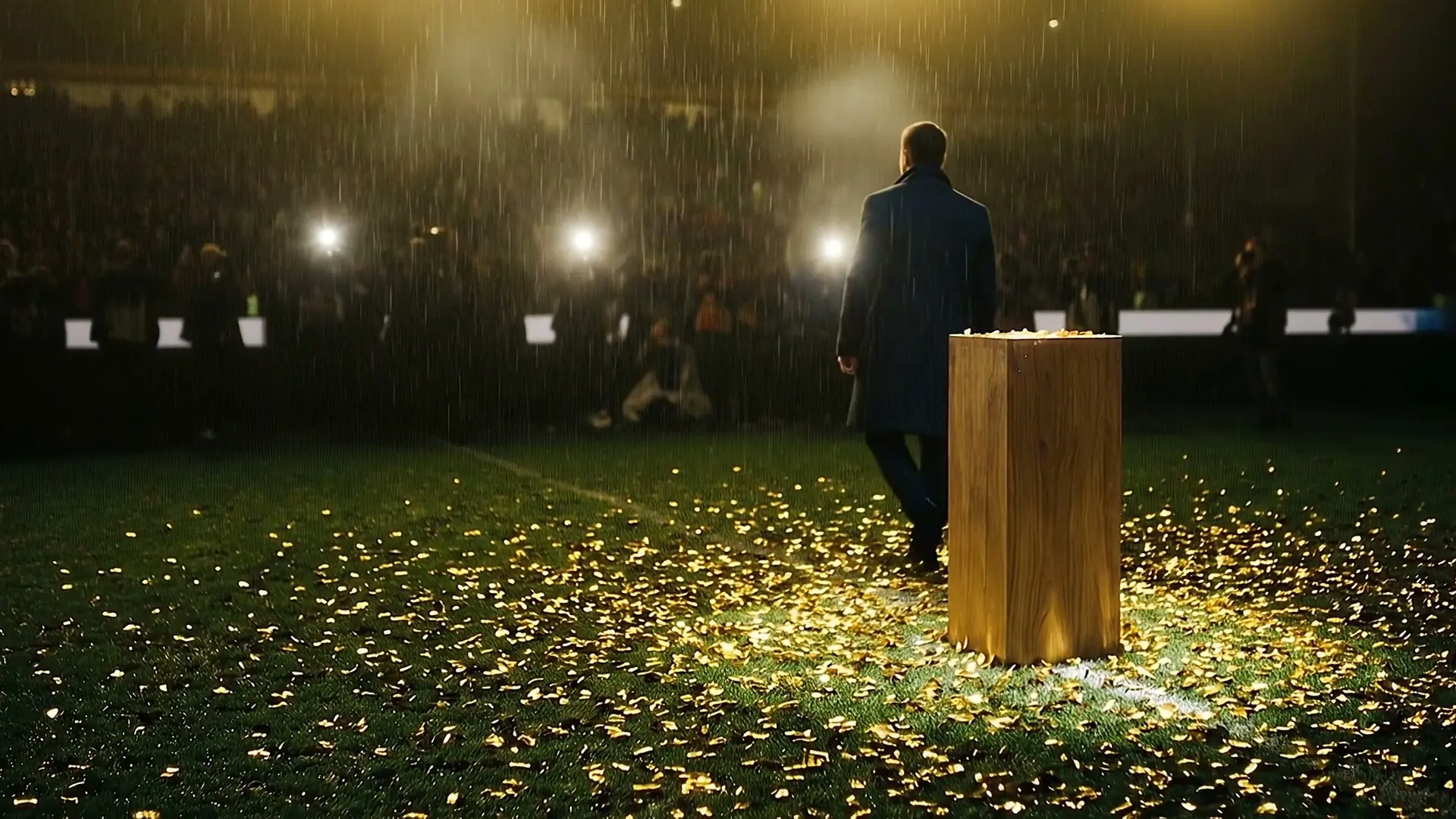 A man in a long coat, walking past a plinth in the rain.