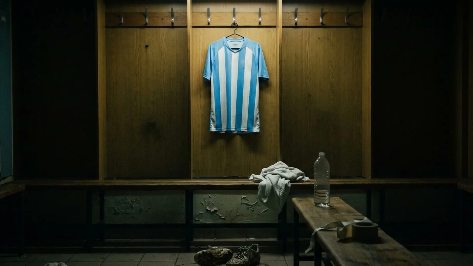 A pale blue and white striped shirt on a hook in an empty wood-panelled dressing room.
