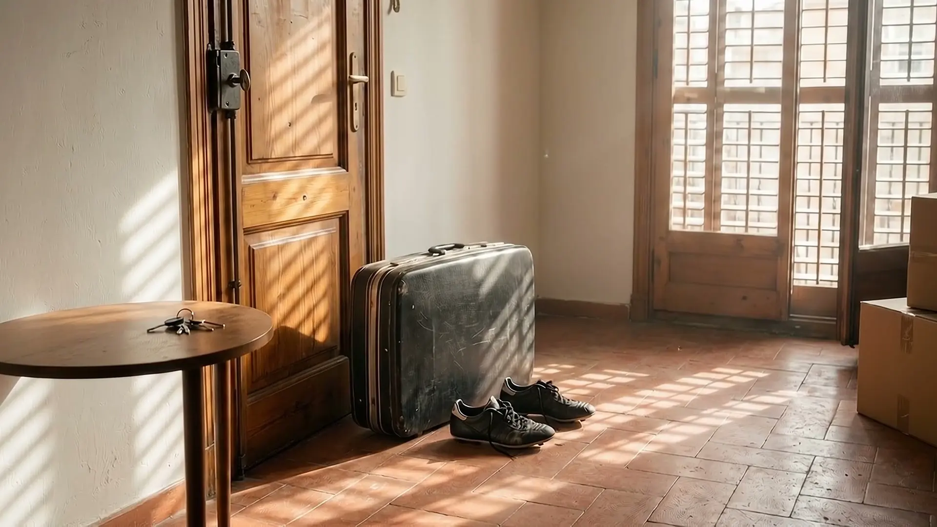 A worn suitcase, boots and packing boxes in a room with slatted sun on the floor.