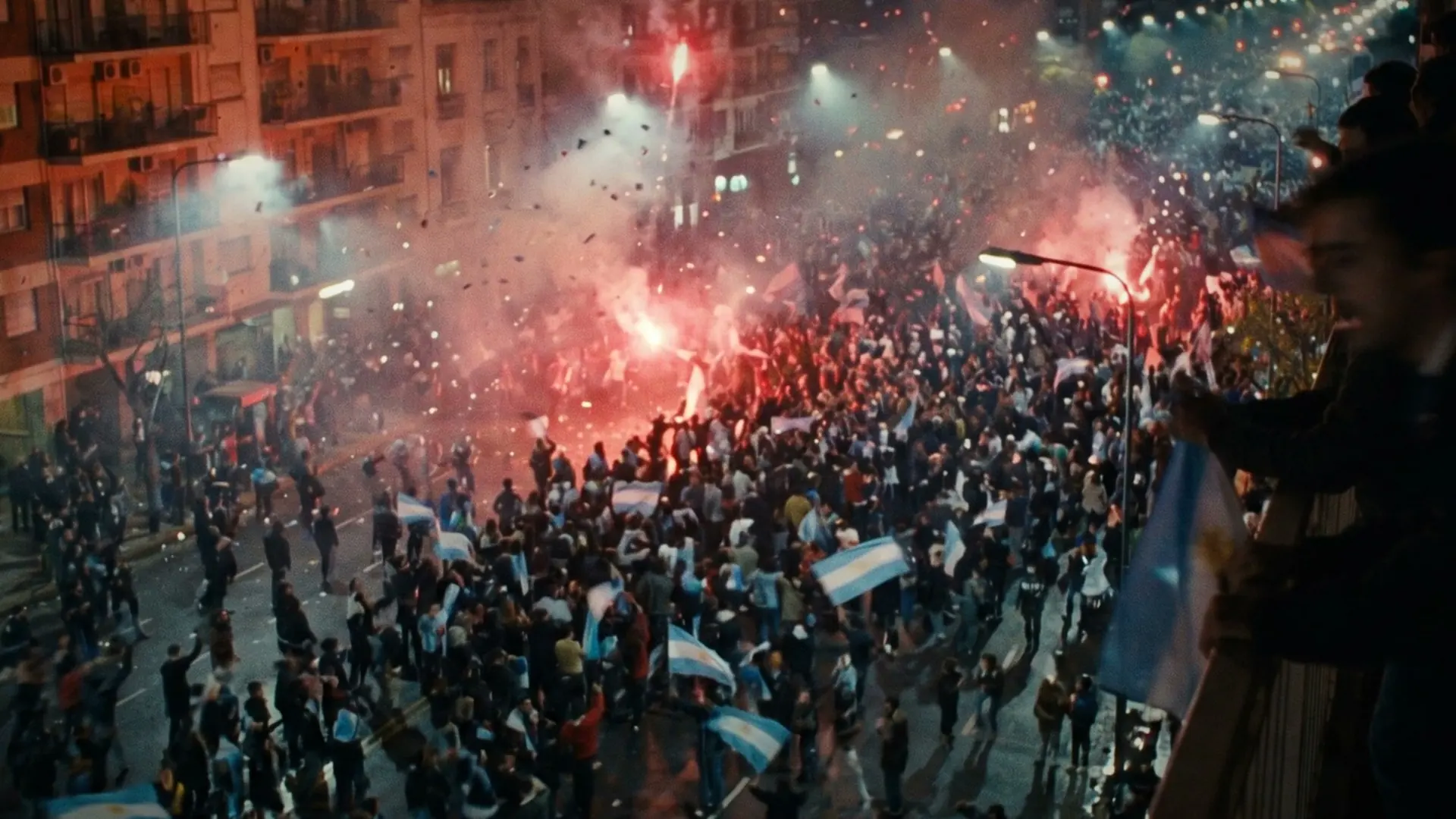 A huge street crowd at night, red flares and smoke between apartment blocks.