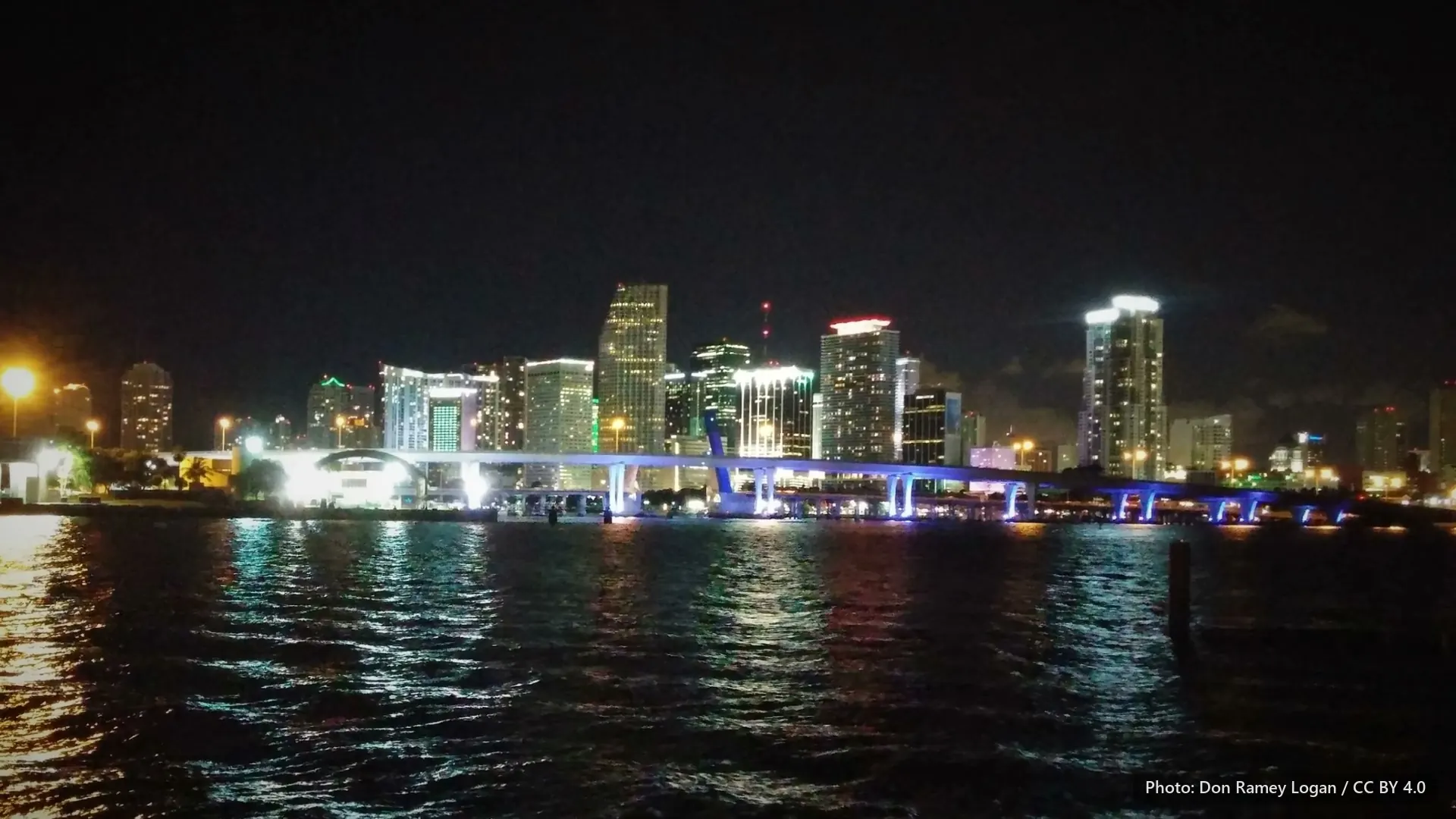 The Miami skyline at night, across dark water.