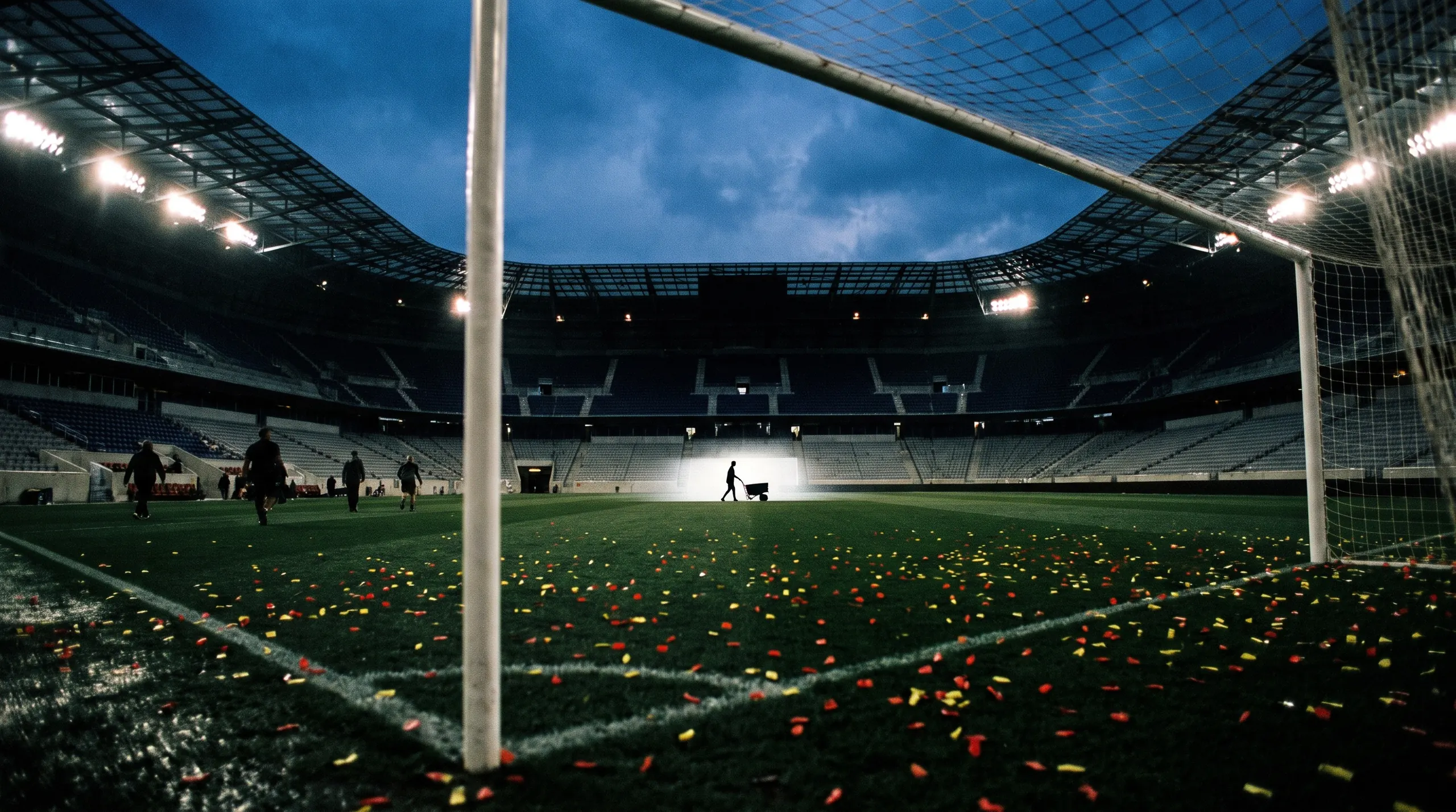 An empty stadium under floodlights, seen from behind a goalpost. Confetti lies on the grass and one figure pushes a barrow across the far end.